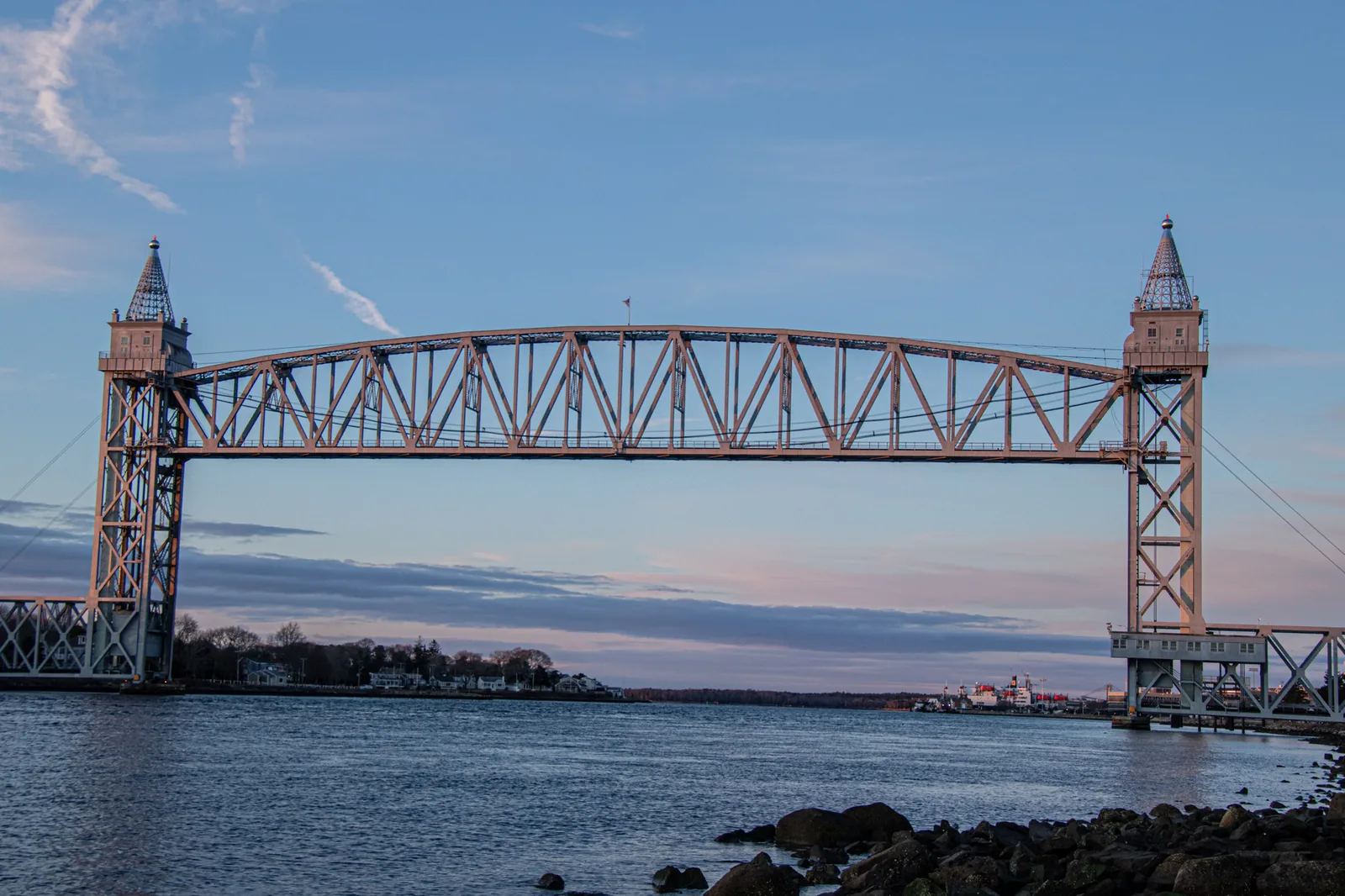 The Cape Cod Canal Railroad Bridge at Buzzards Bay, Massachusetts, at dusk